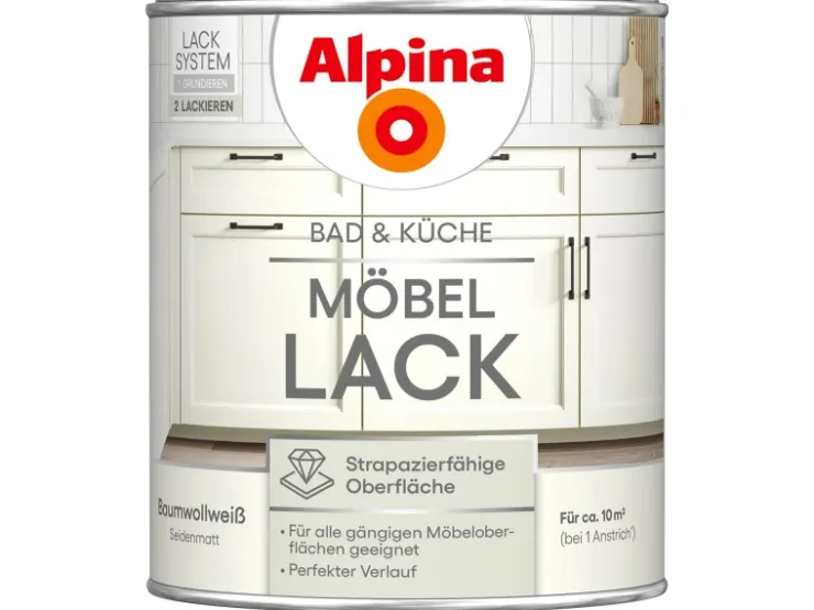 Alpina Möbel-Lack Bad & Küche Baumwollweiß Seidenmatt 750 ml