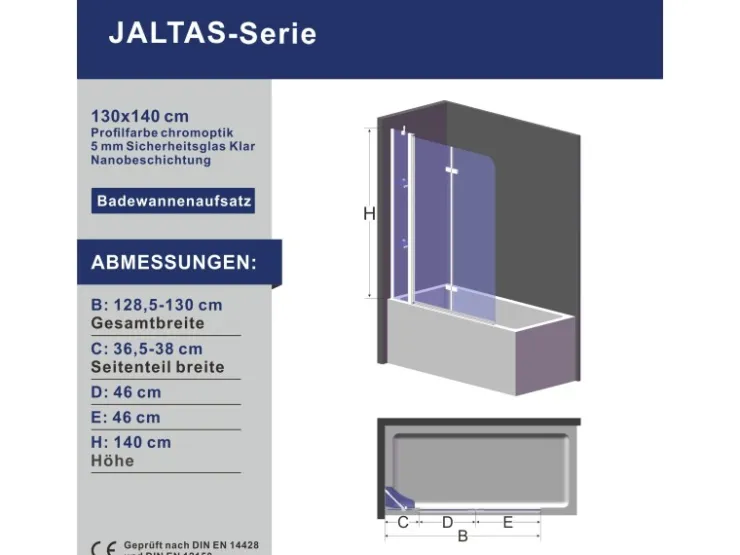 Aquabatos Badewannenfaltwand 130 x 140 cm 3tlg. Badewannenaufsatz Dusche Duschabtrennung Duschwand für Badewanne 5mm ESG Echtglas* Eckregale