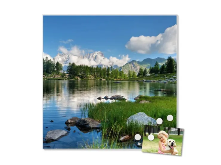 Banjado Magnettafel 50x50cm Magnetwand Weiß Aus Metall Magnetpinnwand Pinnwand Inkl. 4 Magnete Motiv Gebirgssee* Pinnwände