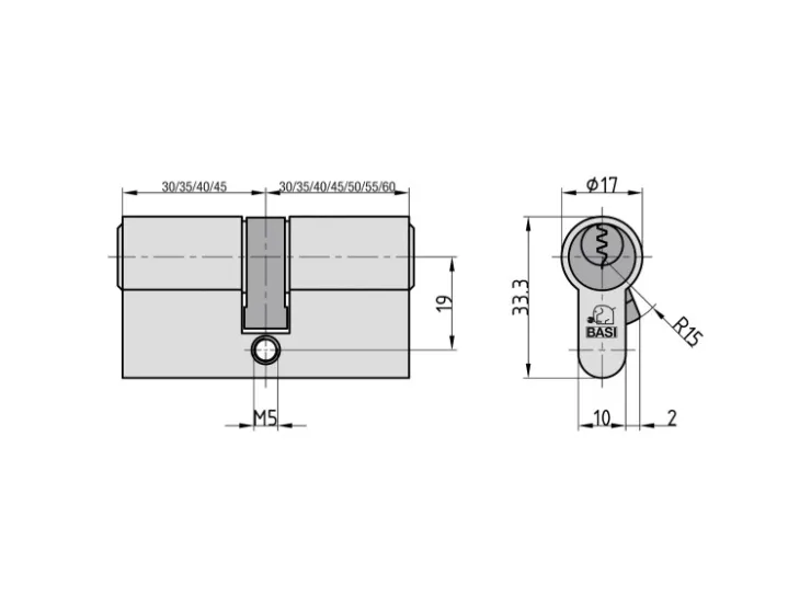 Basi - V50 - Profil-Doppelzylinder - 35/45 mm - Verschiedenschließend* Stifte
