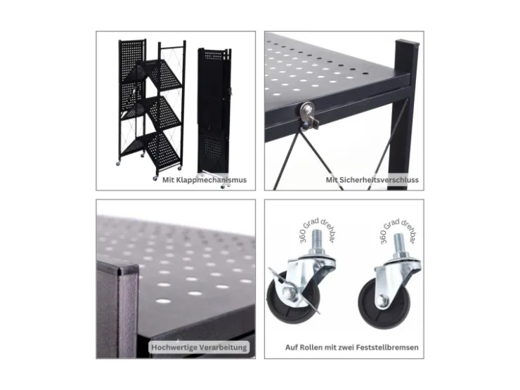 BERLINLODGE KLAP Klappbares Regal Auf Rollen HxBxT 127 x 72 x 34 cm 4 Ebenen Belastbarkeit 200kg Wohnregal* Regale Schwarz