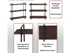 BERLINLODGE Wandregal HxBxT 60x60x18cm 3 Regalböden Massiv-Holz Industrial Hängeregal Schweberegal* Schweberegale|Holzregale