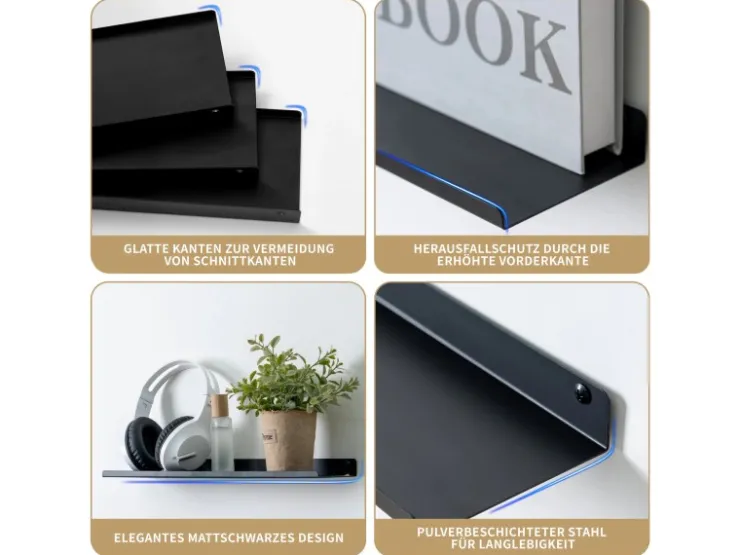 BERLINLODGE Wandregal Metall 3er Set Matte Schwarz Schweberegal Wandboards Bücherregal 3-Teiliges Hängeregal Wanddeko* Wandregale|Bücherregale