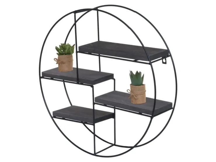 BERLINLODGE Wandregal Rund HxBxT 45x45x11cm 4 Regalböden Metall Massiv-Holz Industrial Dunkel Hängeregal Schweberegal Regal* Schweberegale