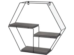 BERLINLODGE Wandregal Sechseckig HxBxT 43x49x11cm 3 Regalböden Metall Massiv-Holz Industrial Dunkel Hängeregal Schweberegal Regal