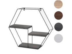 BERLINLODGE Wandregal Sechseckig HxBxT 43x49x11cm 3 Regalböden Metall Massiv-Holz Industrial Dunkel Hängeregal Schweberegal Regal