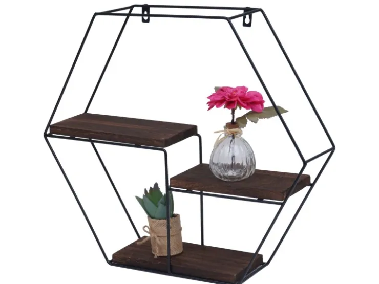 BERLINLODGE Wandregal Sechseckig HxBxT 43x49x11cm 3 Regalböden Metall Massiv-Holz Industrial Dunkel Hängeregal Schweberegal Regal* Holzregale
