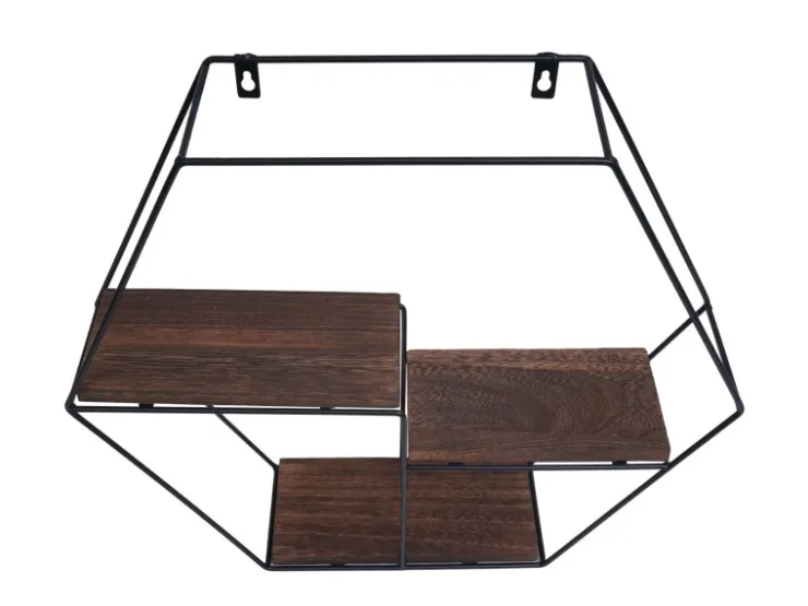 BERLINLODGE Wandregal Sechseckig HxBxT 43x49x11cm 3 Regalböden Metall Massiv-Holz Industrial Dunkel Hängeregal Schweberegal Regal* Holzregale