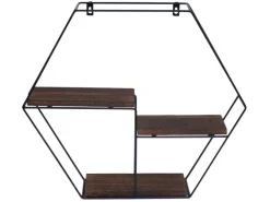 BERLINLODGE Wandregal Sechseckig HxBxT 43x49x11cm 3 Regalböden Metall Massiv-Holz Industrial Dunkel Hängeregal Schweberegal Regal* Holzregale