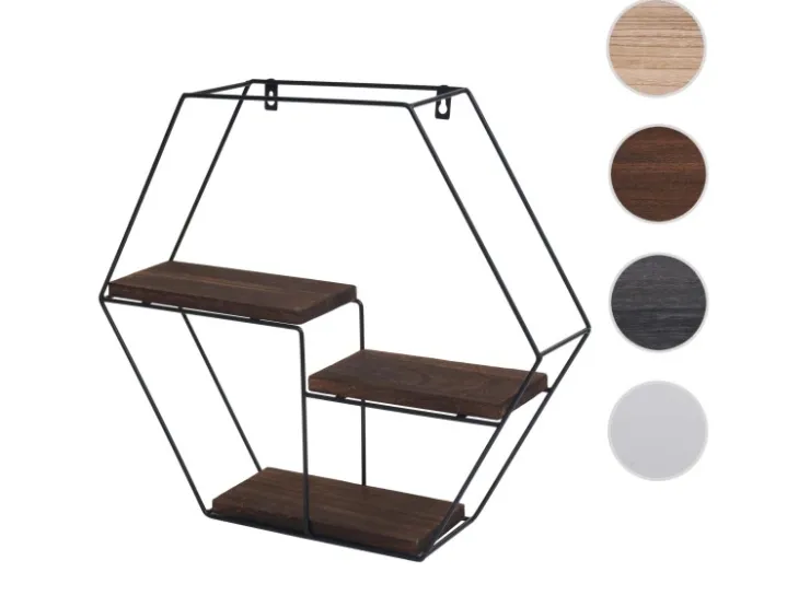 BERLINLODGE Wandregal Sechseckig HxBxT 43x49x11cm 3 Regalböden Metall Massiv-Holz Industrial Dunkel Hängeregal Schweberegal Regal* Holzregale