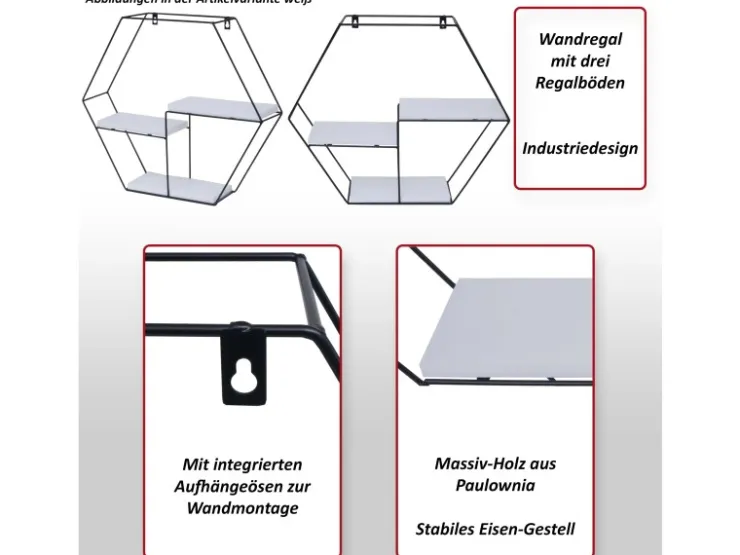 BERLINLODGE Wandregal Sechseckig HxBxT 43x49x11cm 3 Regalböden Metall Massiv-Holz Industrial Dunkel Hängeregal Schweberegal Regal* Holzregale