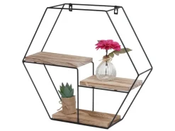 BERLINLODGE Wandregal Sechseckig HxBxT 43x49x11cm 3 Regalböden Metall Massiv-Holz Industrial Hängeregal Schweberegal Regal* Regale Massivholz|Schweberegale