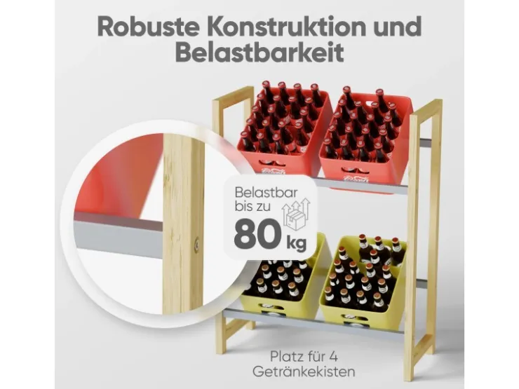 Björn&Schiller Getränkekistenregal für 4 Kisten – Regal aus Bambus und Metall mit Antirutschfüßen* Metallregale