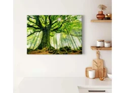 Bricoflor Bild Mit Wald Und Sonnenstrahlen Baum Wandbild In Grün Leinwand Bild Mit Baumkrone Ideal Für Badezimmer Und Schlafzimmer* Wanddekoration