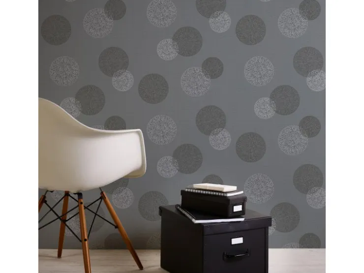 Bricoflor Graue Tapete mit Kreis Muster Abstrakte Vliestapete mit Blüten Rund Ideal für Esszimmer Vlies Mustertapete mit Vinyl in anthrazit* Tapetenmuster