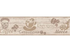 Bricoflor Kaffee Tapete als Bordüre in Beige Küchenbordüre mit Kaffeebohnen und Espresso Papier Tapetenbordüre in Holzoptik Ideal für Küche und Cafe* Bordüren