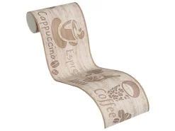 Bricoflor Kaffee Tapete als Bordüre in Beige Küchenbordüre mit Kaffeebohnen und Espresso Papier Tapetenbordüre in Holzoptik Ideal für Küche und Cafe* Bordüren