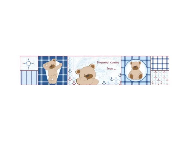 Bricoflor Kinderzimmer Tapeten Bordüre mit Teddy Bär Babyzimmer Bordüre in Blau und Beige Selbstklebende Tapetenborte Kariert* Bordüren