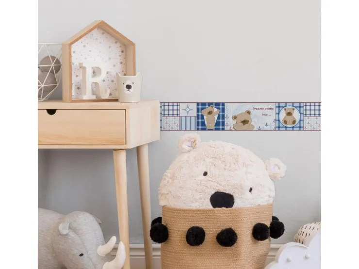 Bricoflor Kinderzimmer Tapeten Bordüre mit Teddy Bär Babyzimmer Bordüre in Blau und Beige Selbstklebende Tapetenborte Kariert* Bordüren
