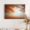 Bricoflor Leinwand Bild Mit Herbstwald Orange Braun Keilrahmen Bild Mit Wald Im Nebel Ideal Für Schlafzimmer Und Flur Herbst Leinwandbild Mit Parkbank