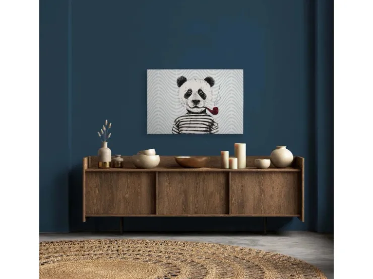 Bricoflor Maritimes Wandbild Panda Mit Pfeife Wohnzimmer Und Kinderzimmer Leinwandbild Mit Pandabär Auf Zickzack Muster 120 X 80* Wanddekoration