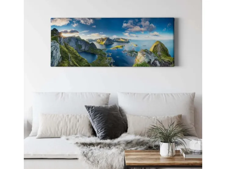 Bricoflor Panorama Bild Mit Berglandschaft Wandbild Mit Meer Motiv In Blau Und Grün Feld Landschaft Auf Leinwand Ideal Für Schlafzimmer Und Flur* Wanddekoration