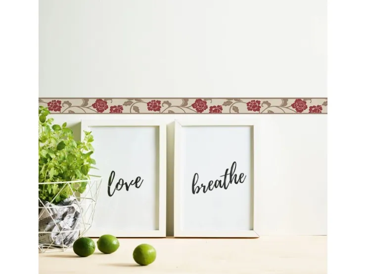 Bricoflor Tapetenbordüre mit Blumen für Schlafzimmer und Esszimmer Selbstklebende Bordüre in Rot und Beige Schmale Tapetenborte aus Vlies und Vinyl