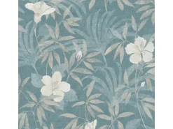 Bricoflor Tropical Tapete Floral Hibiskus Vliestapete mit Tropische Blätter Muster in Grau Blau Dschungel Wandtapete aus Vlies und Vinyl* Mosaik