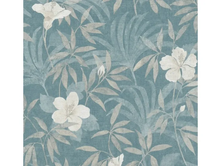 Bricoflor Tropical Tapete Floral Hibiskus Vliestapete mit Tropische Blätter Muster in Grau Blau Dschungel Wandtapete aus Vlies und Vinyl* Mosaik