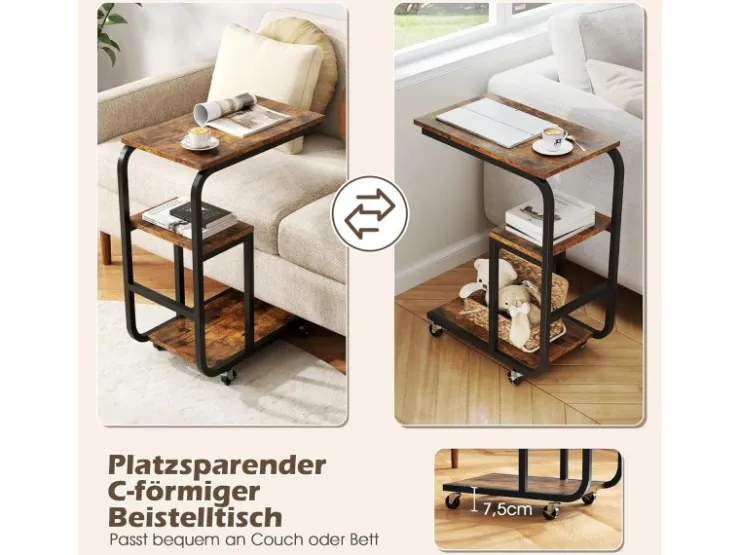 Costway Beistelltisch 2er Set Sofatisch mit Rollen C-Form Kaffeetisch* Tische|Sofas