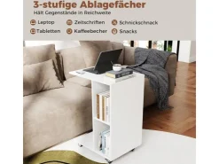 Costway Beistelltisch mit Rollen Sofatisch C-Form Nachttisch Weiß