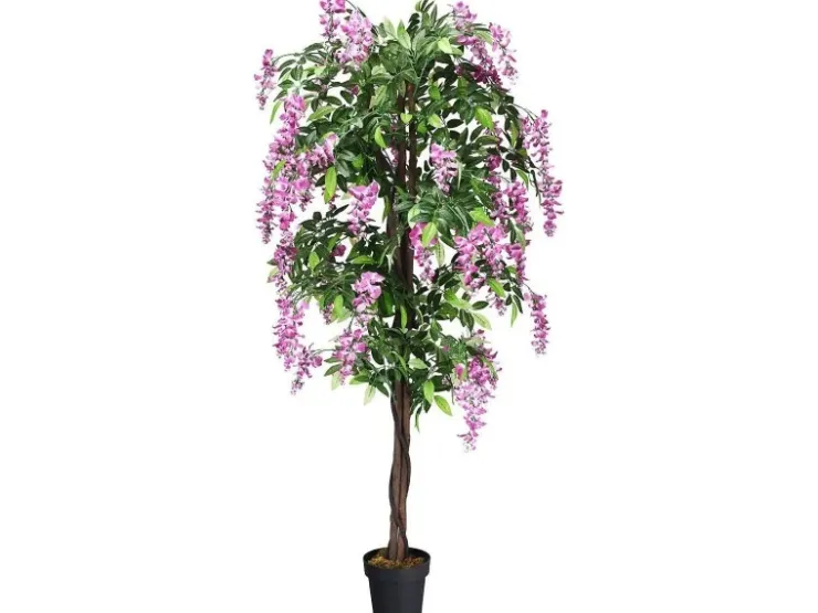 Costway Kunstbaum mit Blättern & 2 Stämmen Kunstblume Rosa 180 cm