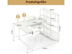 Costway Schreibtisch L-Form mit Ladestation & Bücherregal* Bücherregale