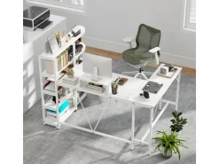 Costway Schreibtisch L-Form mit Ladestation & Bücherregal* Bücherregale