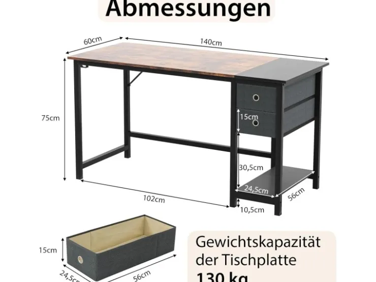 Costway Schreibtisch mit 2 Schubladen Großer PC-Tisch Zuhause* Tische