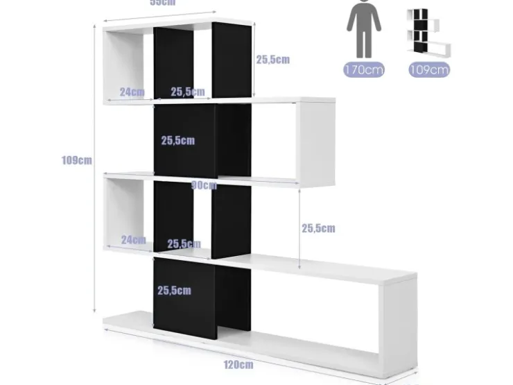 Costway 4-Stöckiges Bücherregal Raumteiler Regal Schwarz Weiß* Bücherregale