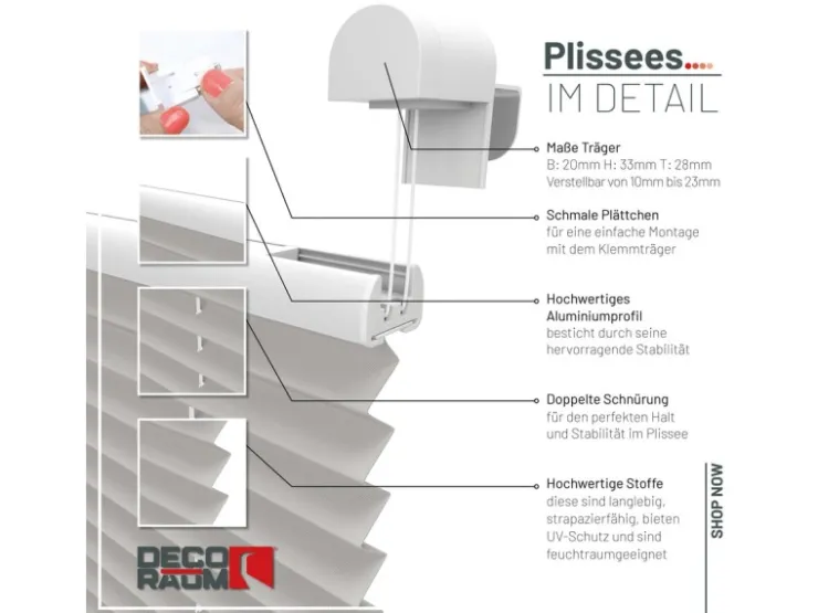 Deco-Raum Plissee Basic ohne Bohren 60x150cm Blickdicht Klemmfix* Plissees
