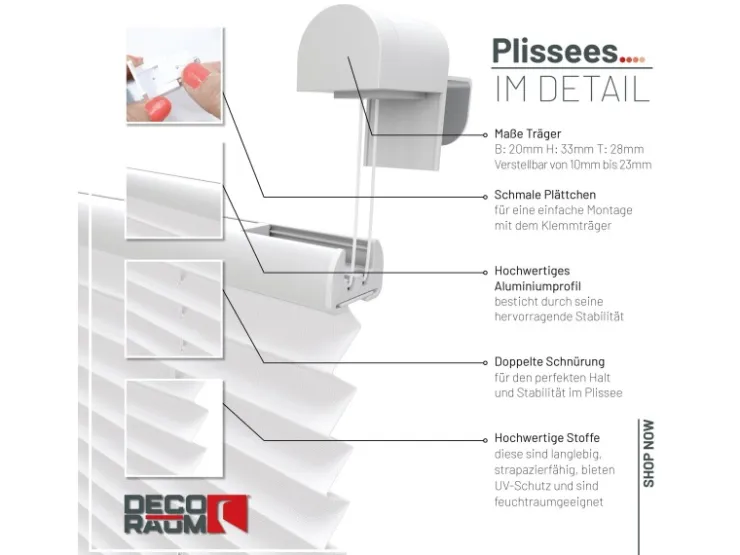 Deco-Raum Plissee Basic ohne Bohren 90x150cm Blickdicht Klemmfix* Plissees