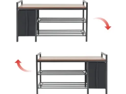 DuneDesign Metall Schuhregal mit Sitzbank und Korb 92 x 30 x 52 cm* Regale Schwarz