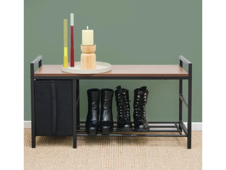 DuneDesign Metall Schuhregal mit Sitzbank und Korb 92 x 30 x 52 cm* Regale Schwarz