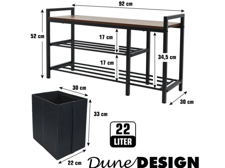 DuneDesign Metall Schuhregal mit Sitzbank und Korb 92 x 30 x 52 cm* Regale Schwarz