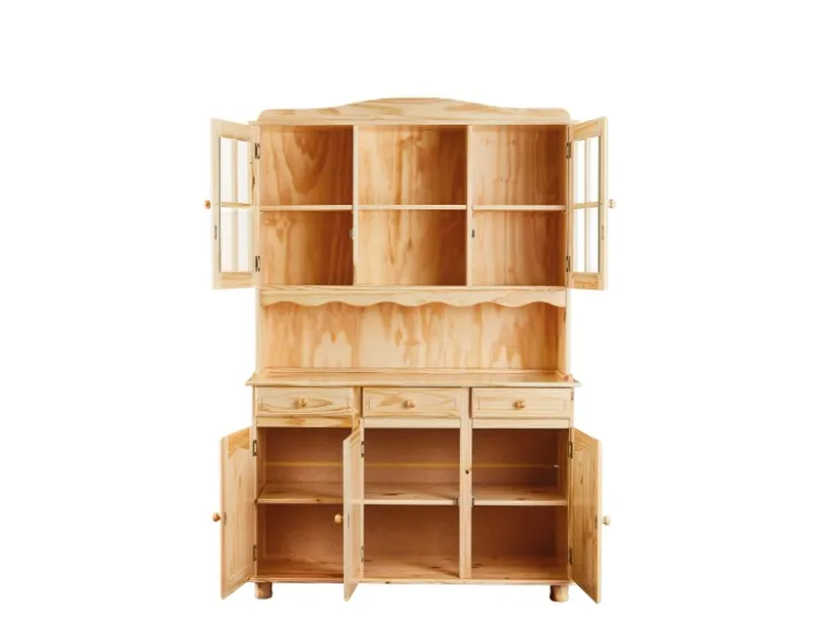ebuy24 Toswa Vitrinenschrank 3 Türen 2 Glastüren 3 Schubladen 2 Offene Fächer Natur