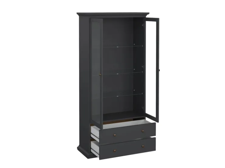 ebuy24 Venedig Vitrinenschrank 2 Glastüren und 2 Schubladen Matt Grau