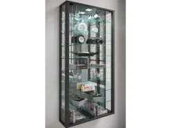 ebuy24 VitrosaMaxi Vitrinenschrank Wandhängend mit Spiegel 2 Glastüren Inkl LED-Leuchten Schwarz