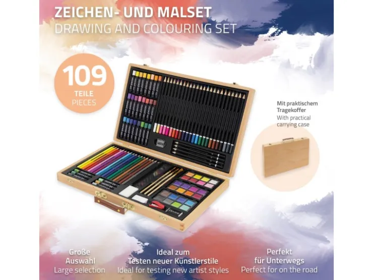ECD Germany 109 Teiliges Malset mit Holzkoffer Zeichen und Malkoffer für Kinder* Bastelzubehör