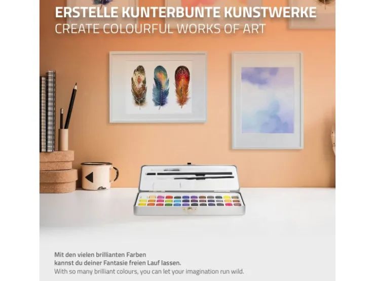 ECD Germany Aquarellfarben Set 48 Farben in Tragbarer Box inkl Pinsel* Malerbedarf