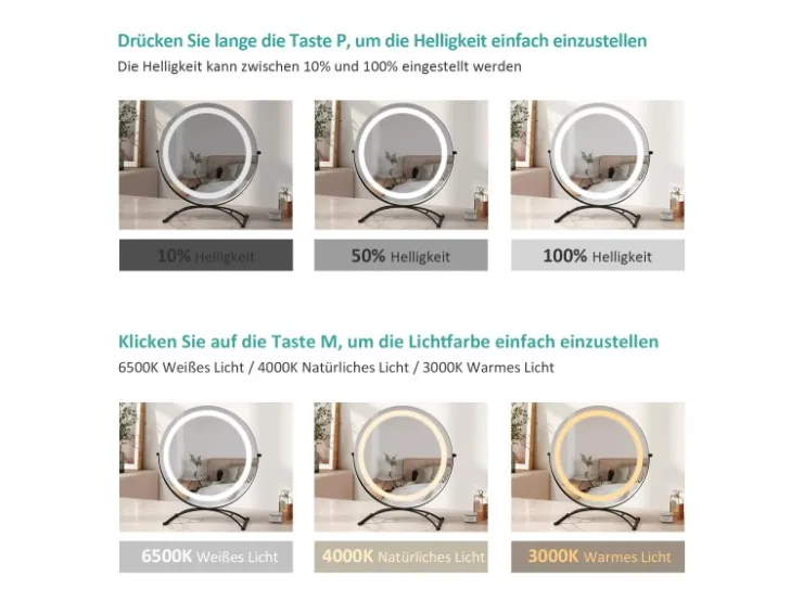 Emke Kosmetikspiegel Runder mit Beleuchtung 3 Farbtemperatur und Dimmbar 40cm* Kommode