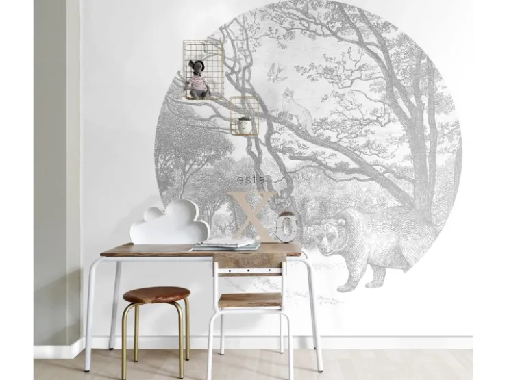 ESTAhome Selbstklebende Runde Tapete Wald Mit Waldtieren Grau Ø 140 cm 159083* Wandtattoos