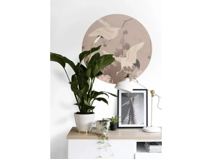 ESTAhome Selbstklebende Runde Tapete Kraniche Graurosa Ø 70 cm 158995