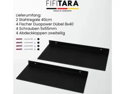 FIFITARA Wandregal 40cm 2er Set Aus Stahl Schwarz Pulverbeschichtet Schweberegal Wandboard Bücherregal Metallregal Mit Dübeln Und Schrauben* Schweberegale|Metallregale